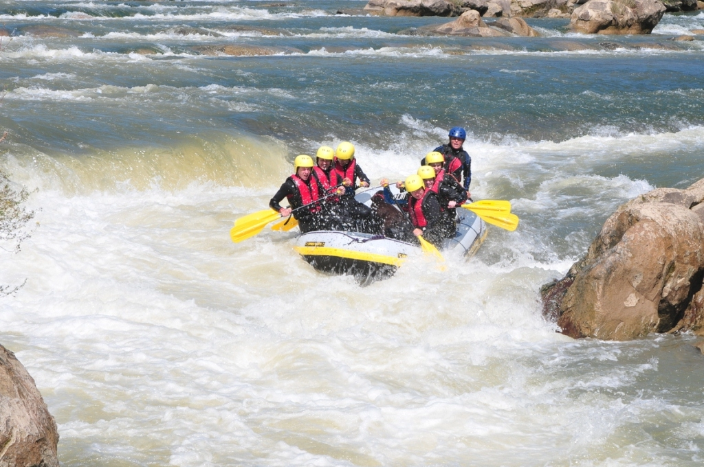 A picture of a group rafting down a river